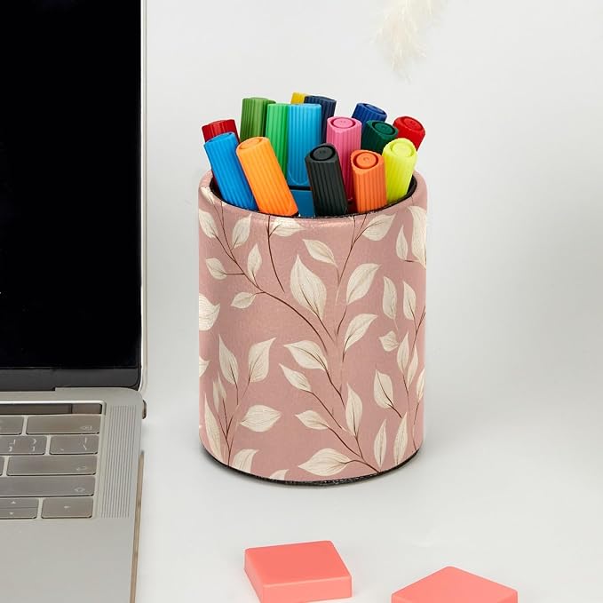 Cute Pink and White Leaves Desk Pen Organizer, Pen Cup Makeup Brush Holders Pencil Holder for Desk, Desktop Supplies & Accessories Workspace Organizers for Office Home School Art Supply