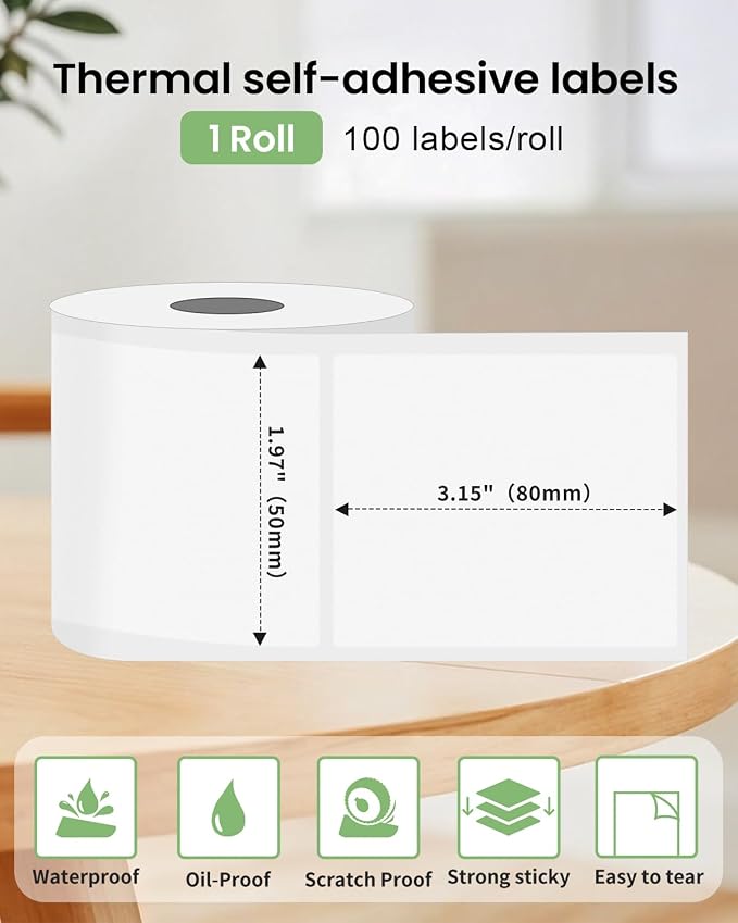 Phomemo Labels - M110/M100/M220/M108/M250/M160 Themral Label Paper,100 Labels/Roll, 1.97"x3.15"(50x80mm), Frosted Clear Thermal Labels for Barcode/Address/Mailing/Logo/Business/Home Tag