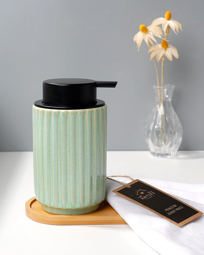 Soap Dispenser, Green Ceramic Refillable Liquid Hand Soap Pump for Bathroom Kitchen, 10.5OZ Lotion Dispenser, Dish Soap Dispenser, Modern Stripe Design, ANTIS'S HOME