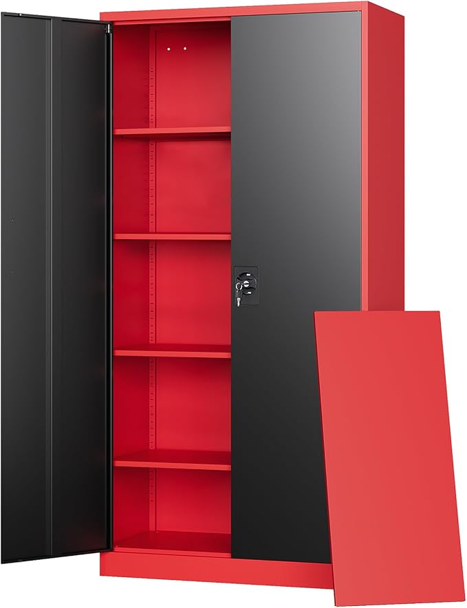 Letaya Metal Storage Cabinets with Lock, 71" Tall Locker Organizer Steel Cabinets, Adjustable Shelves 2 Doors for Home, Office, Warehouse,Garage,Industrial,Employee Lockers (Style B, Black Red)