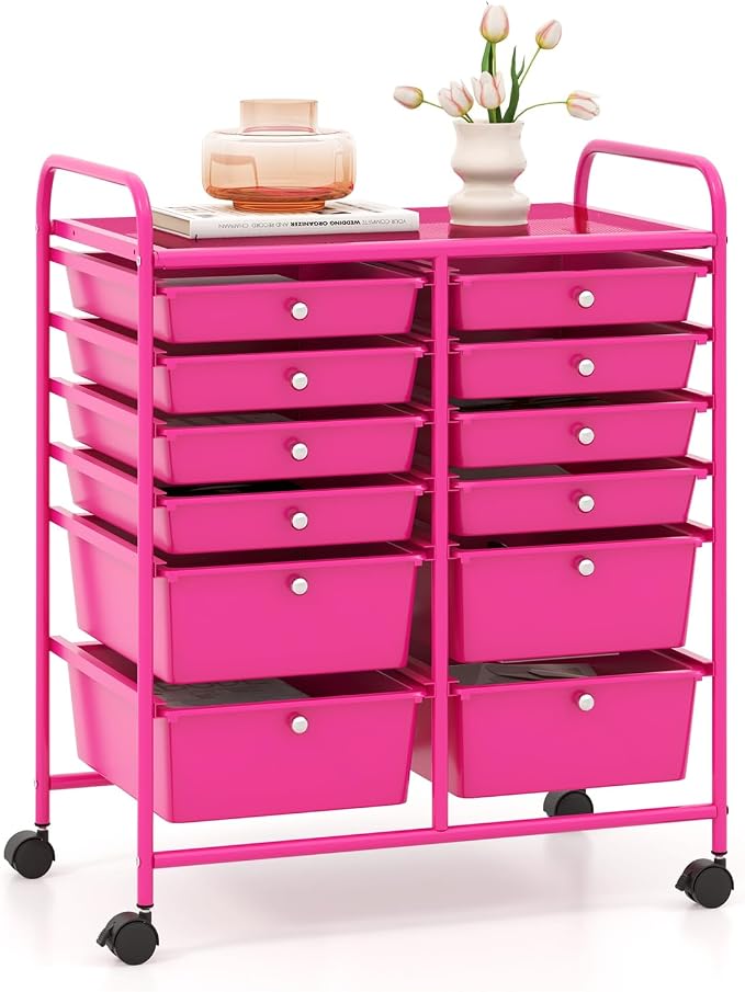 Moccha 12-Drawer Rolling Storage Cart - Utility Cart on Wheels with Lockable Casters for Craft Art Supply Paper Salon, Mobile Drawer Carts for Classroom Teacher School Office (Hot Pink)