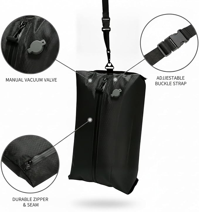 16L TPU Vacuum Compression Bag with Hanging Buckle, Manual Air Removal Storage Sack for Sleeping Bags & Travel Gear, Black