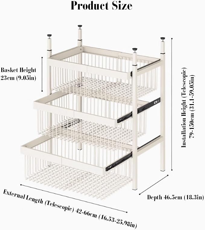 Expandable Cabinet Pull Out Basket,Carbon Steel Stackable Storage Bins,1-3 Tier Stackable Shelf Baskets Organizer,for Office Bathroom Bedroom(3 tier)
