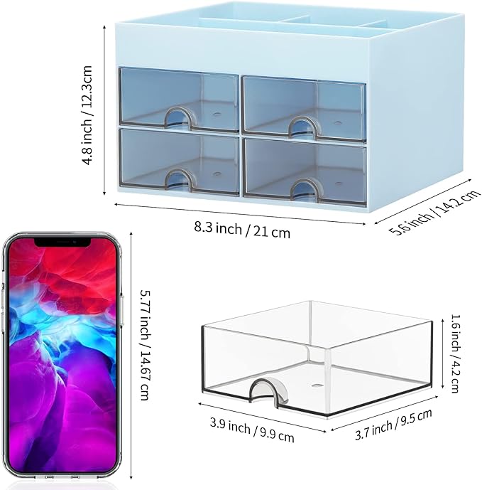 LETURE Office Desktop Organizer with Drawer, Stationary Organizer Desk Caddy, Pen/Pencil/Business Card/Sticky Note Tray/Paperclip Holder Storage Box (Blue)