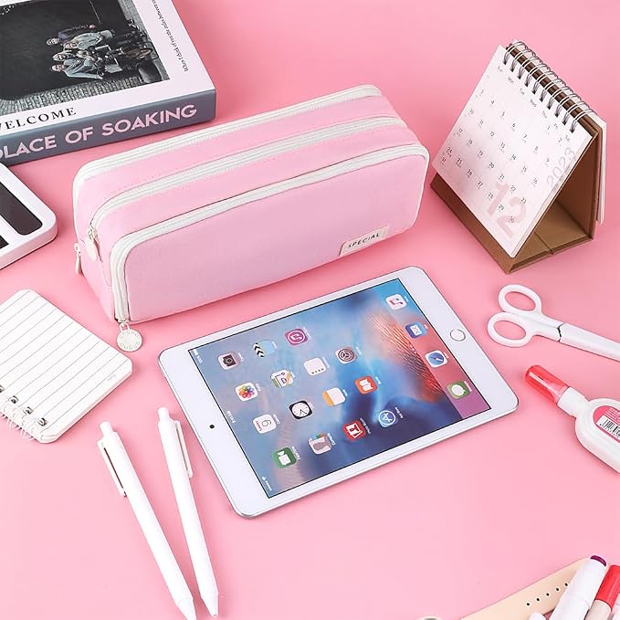 iSuperb 3 Compartments Pencil Case Pouch Big Capacity Pencil Holder for Kids Teen Girls Boys Student School Supplies Oxford Stationery Storage Cosmetic Case (Pink)