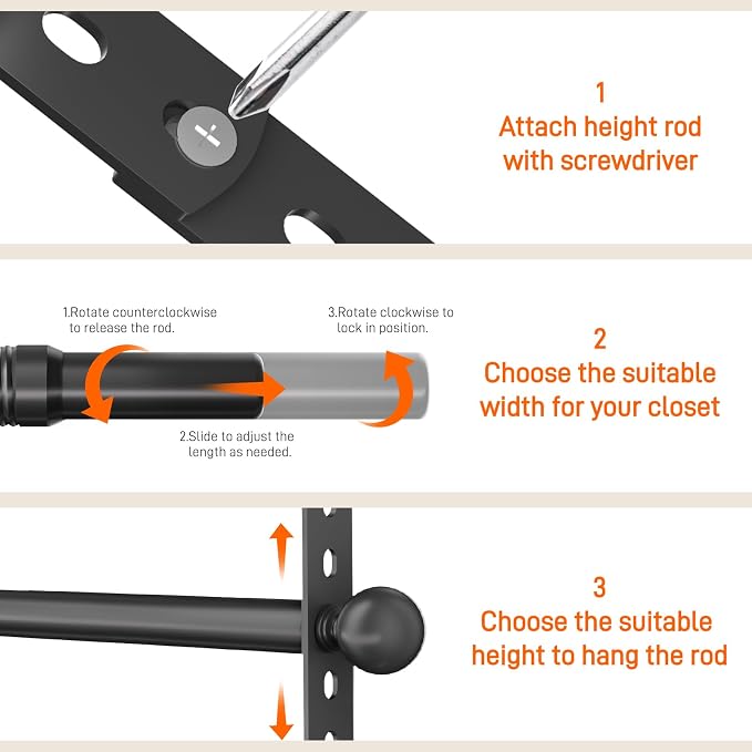 SUTINE Closet Rods for Hanging Clothes, Adjustable Metal Closet Extender Hanging Rod, Space-Saving Closet Rod Extender Clothes Hanging Bar, Closet Poles for Hanging Clothes (Black, 31.5-47.2 IN)