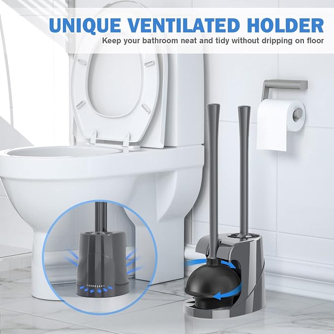 Toilet Plunger and Brush, Bowl Brush and Heavy Duty Toilet Plunger Set with Ventilated Holder, 2-in-1 Bathroom Cleaning Combo with Modern Caddy Stand for 5.7-inch Toilet Drain(Grey, 2 Set)