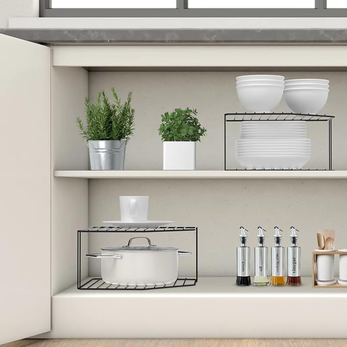 AKAZA 2Pcs 2-Tier Corner Stackable Organizer Shelf for Kitchen - Cabinet Storage Shelf Rack, Shelves，Kitchen Counter and Cabinet Shelf, Storage Rack Organizer (Black)
