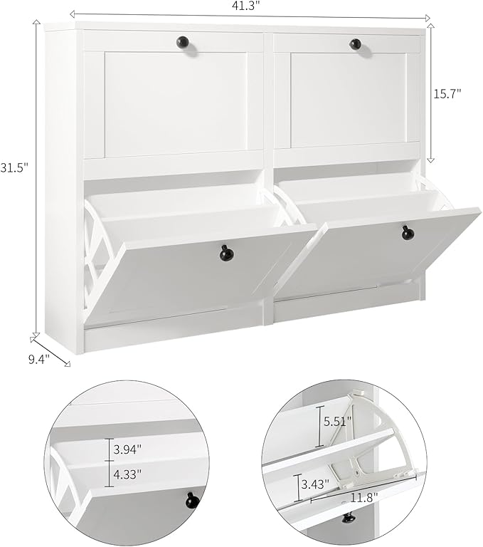 VOWNER Shoe Cabinet with 4 Flip Drawers, Freestanding Shoe Storage Cabinet with Adjustable Shelf & Anti-Tipping Device, Shoe Rack for Entryway, Hallway, Living Room (White) | 4 Flip Drawers