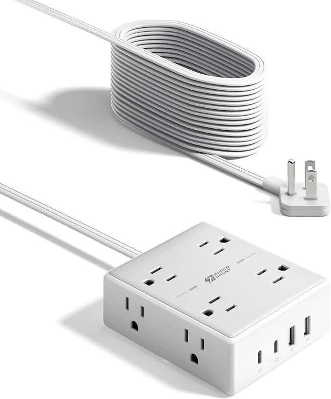 SUPERDANNY Extension Cord,Flat Plug Surge Protector Power Strip,20Ft | 8 AC & 4 USB Ports (2 USB C),Surge Protector with 1050J,Desk Charging Station for Home Office,College Dorm Room Essentials