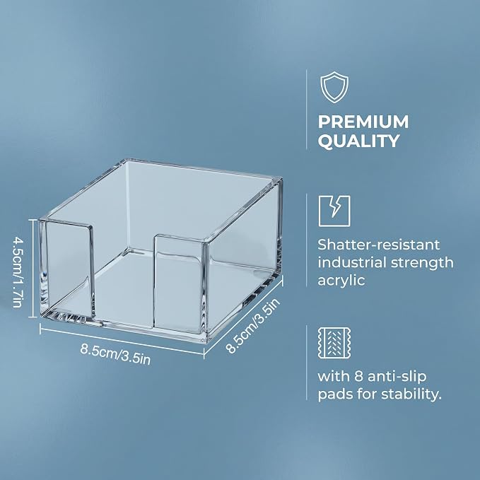 Acrylic Sticky Note Holder, 3x3 Crystal Clear Notepad Holder | with Anti-Slip Base Sticky Note Dispenser for School Dorm Home and Office Organizer