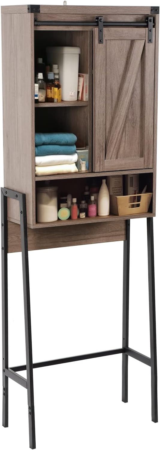 Over Toilet Storage Cabinet with Barn Door & Adjustable Shelves | 24 Inch Wide Bathroom Organizer, Space-Saving, Sturdy Wood, Anti-Tipping, Easy Assembly, for Restroom, Laundry, Small Spaces