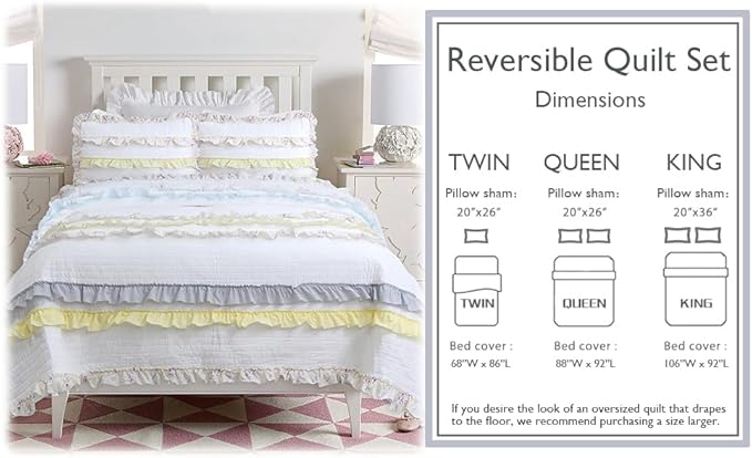 Cozy Line Home Fashions Light Yellow Blue Ruffle Stripe Floral 100% Cotton Reversible Girl Quilt Bedding Set, Reversible Coverlet Bedspread for All Season (California Dreaming, Twin-2 Piece)