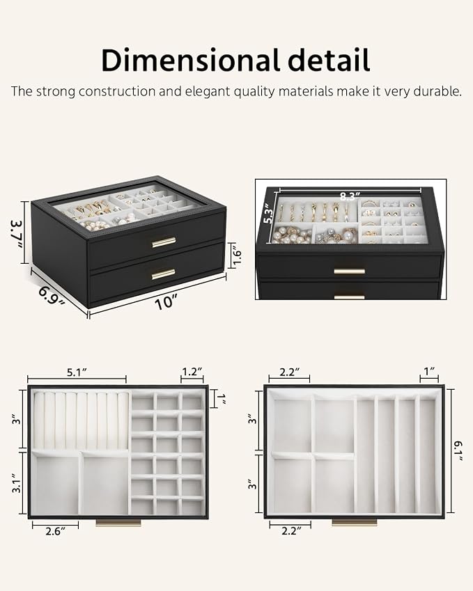AKOZLIN Jewelry Box with Clear Lid Functional Leather Jewelry Storage Organizer Case 2 Drawers for Women Girls Necklace Ring Bracelet Earring