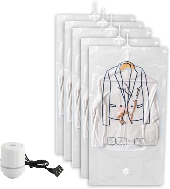 Large Garment Covers, Pack of 5, Vacuum Storage Bag with Electric Pump, Clear Compression Airtight Sealer Bags with Hanging Buckle, Hanging Clothes Storage(110cm/43in)