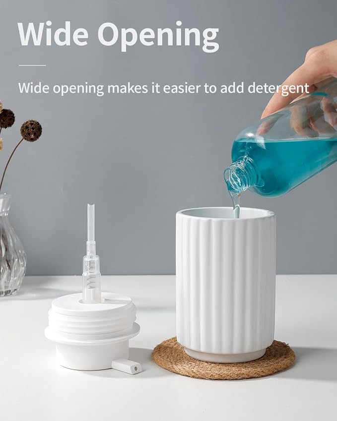 Soap Dispenser, Liquid White Ceramic Refillable Hand Soap Pump for Bathroom Kitchen, 10.5OZ Lotion Dispenser Dish Soap Dispenser, Modern Stripe Design, ANTIS'S HOME