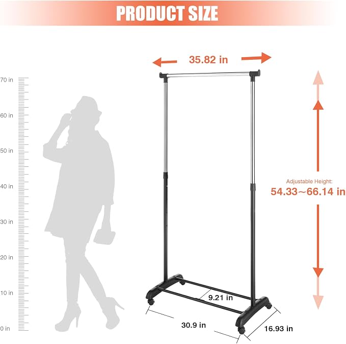 Whitmor Deluxe Adjustable Garment Rack-Rolling Clothes Organizer,Black and Chrome, 18.5" D x 33" W x 66" H