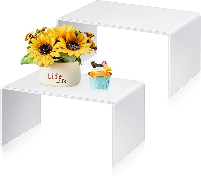 RattanView 2 Pcs 12 Inch Large Acrylic Risers Display Stands 5 mm Thick Acrylic Shelf Riser Showcase for Collectibles Jewelry Cupcakes Food Figures Perfume Cabinet (White)