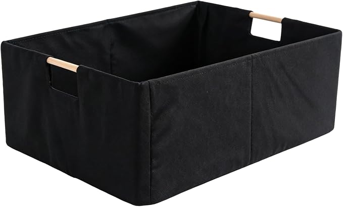 1Pcs Black basket Black Storage Baskets Linen Decorative Storage Bins with Wooden Handles Foldable Rectangular Storage for Shelves, Closets, Home, Office