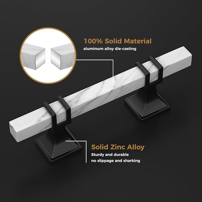 10 Pack 5 Inch White Marble Cabinet Pulls, Black Cabinet Handles Marble Grain and Black Pulls, Kitchen Cabinet Handles Square Dresser Drawer Pulls Kitchen Hardware