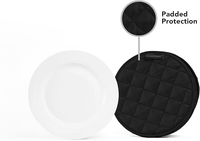 Covermates Keepsakes Quilted Dish Dividers – Set of Padded Plate Protectors for China & Dinnerware Storage, Scratch Protection, Machine Washable, Black