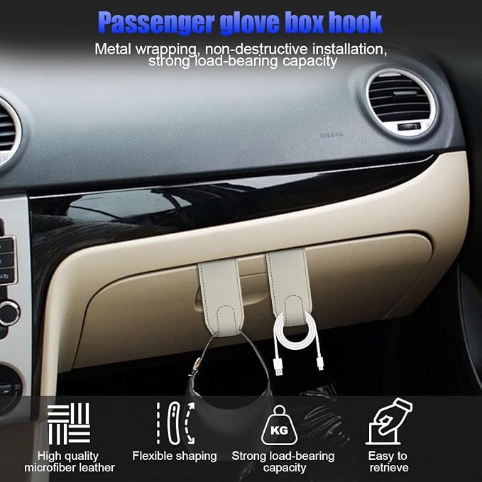Bittwee 2PCS Car Glove Box Hooks Passenger Storage Hangers Beige | Microfiber leather, snap-in install, hangs bags umbrellas, fits most cars SUVs and trucks, car interior accessories