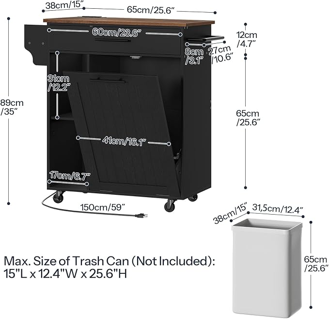 HOOBRO Kitchen Island with Trash Can Storage, Rolling Kitchen Island on Wheels, Mobile Island Cart with Power Outlet, Islands Table for 10 Gallon Garbage Bin, Rustic Brown and Black BF80UZD01G1