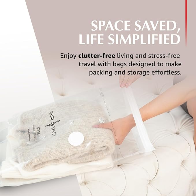 GENIE SPACE Premium Vacuum Storage Bags for Clothes, Bedding and Travel, Large Size 30x24 Inches, Airtight, Odor-Proof and Reusable Space Saver Bags with Double Zipper Seal, 6-Pack with Hand Pump