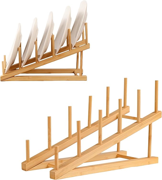 2 Pack Plate Stands for Display, 5-Tier Wooden Plate Rack Organizer | Plate Holder, Tabletop Display Stand for Book, Art Print, Photo, Puzzle, Magazine, Platter and Craft Show Vendor Booths