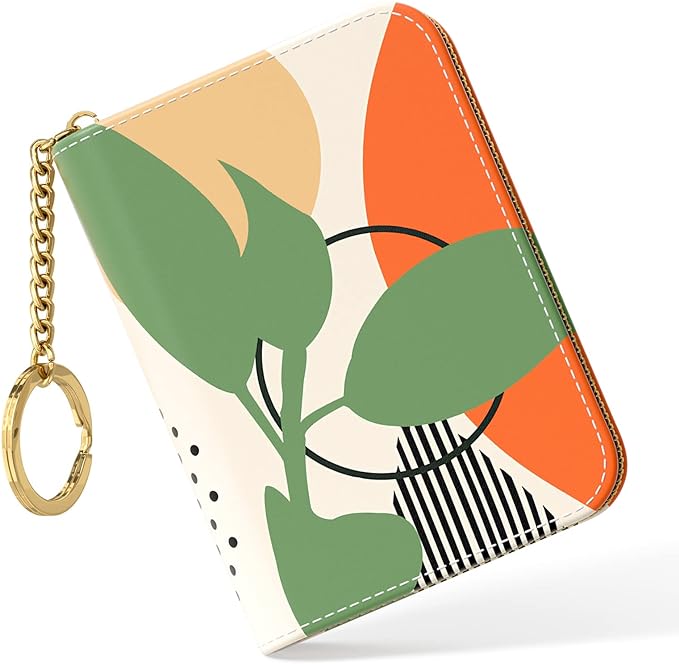 Nipichsha Credit Card Holder, Small RFID Card Wallet for Women, Slim Leather Card Holder Wallet, Credit Card Wallet Organizer, Pocket Business Card Case with Zipper & Keychain, Modern Abstract Art