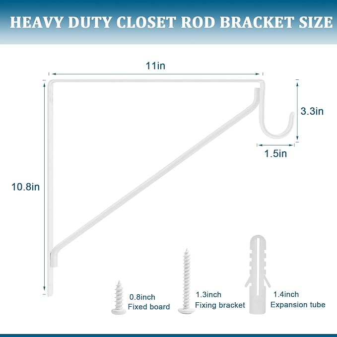 4PCS Heavy Duty White Closet Rod Brackets 11 x 11 Inch,1-3/8Inch Diameter Shelf and Rod Bracket Holder for Home and Closet Decor, Wall Mount Closet Pole Supports Bracket Hook with Screws