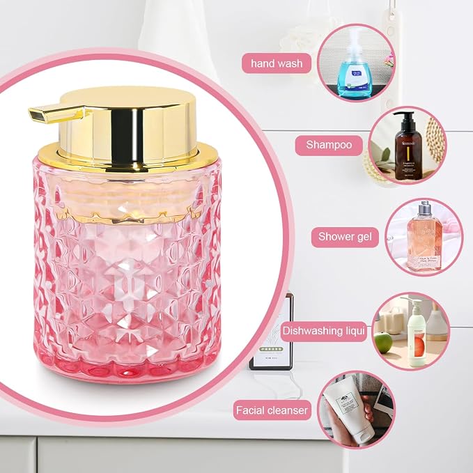 10 Oz Glass Hand Soap Dispenser with Pump, Refillable Bathroom Gold Foaming Soap Dispenser, Vintage Glass Diamond Lotion Container Bottle for Bathroom and Kitchen (1, Pink and Gold)