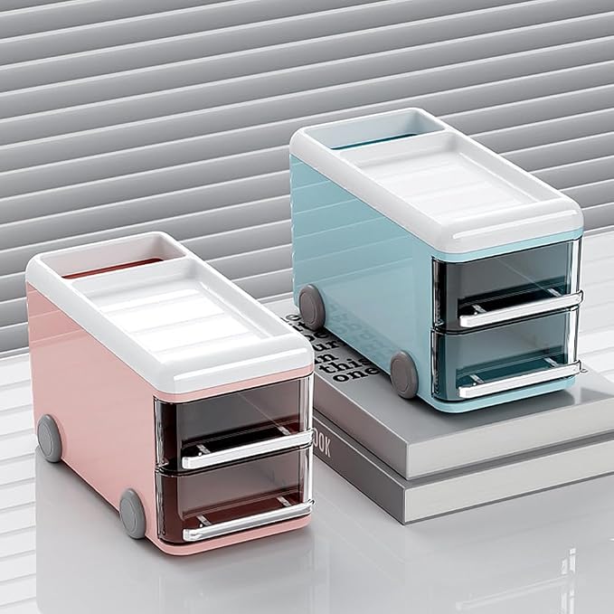 LETURE Cute Desk Organizer with drawers, Plastic Desktop Storage for Business Card/Pen/Pencil/Mobile Phone/Stationery Holder Box, Desktop Organizer for Office School Home (Blue)