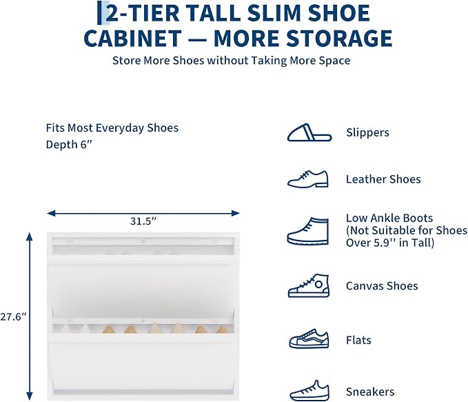 Garvee Slim Metal Shoe Cabinet with 2 Flip Drawers, Narrow Shoe Storage for Entryway, Wall Mounted or Floor Standing, Detachable Bottom Corners for Flexible Placement, Anti-Tip Safety Wall Mount