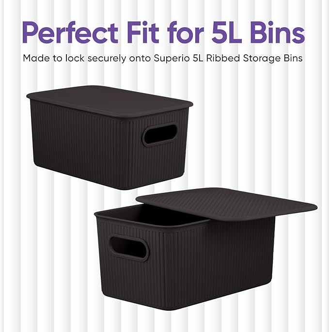 Superio Ribbed Collection - Decorative Plastic Basket Open Home Storage Bins Organizer, Brown (Parent) Container Boxes for Organizing Closet Storage Bins for Shelves (Lid - Medium (5 Liter), 6 Pack)