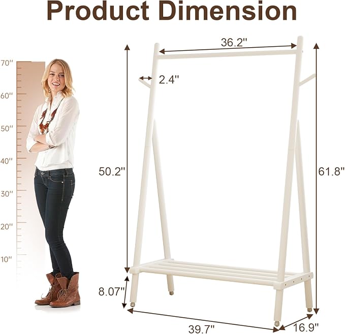 Muwuele Solid Wood Clothes Rack, Clothing Rack for Hanging Clothes, Hanging Racks for Clothes with Shelves Load 350 Lbs Garment Rack (White)