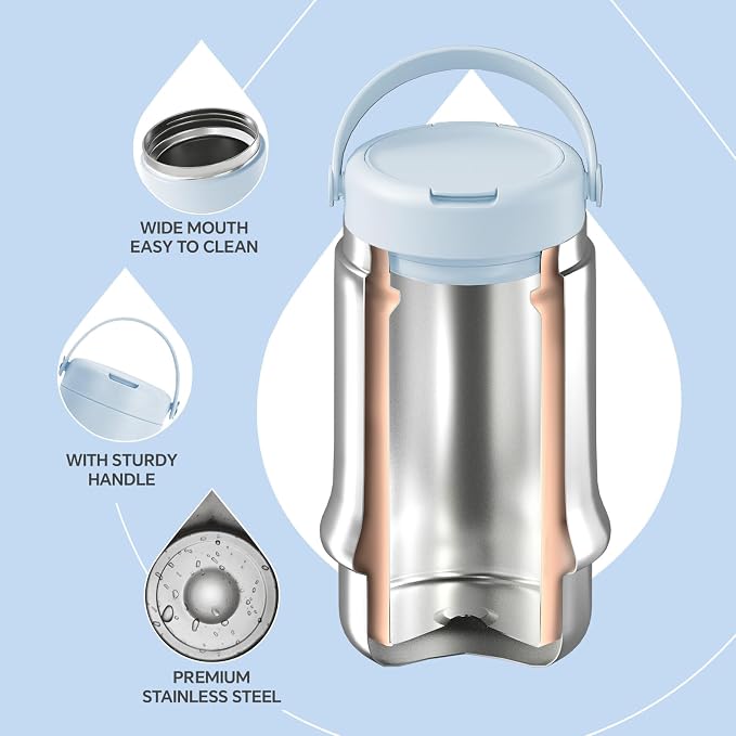 Ideus Soup Thermo with Foldable Spoon and Bowl 20oz, All-in-one Insulated Bento Lunchbox Stainless Steel Leakproof Portable Soup Container Vacuum Thermal Food Jar for Lunch (Light Blue)