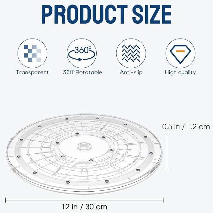 12" Acrylic Clear Lazy Susan Turntable | Steel Ball Bearing for 360-Degree Rotation,Durable Plastic Turntable for Tables Top,Cabinets,Spice Racks