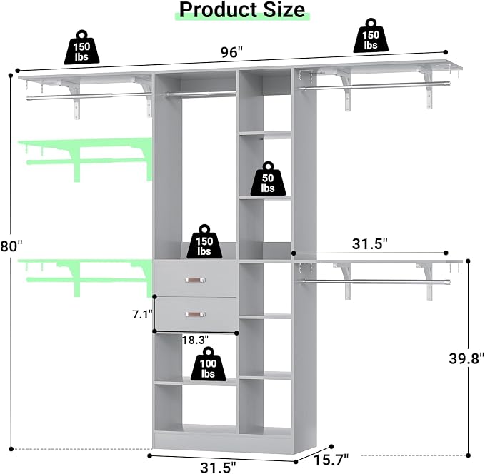 Armocity 8FT Heavy Duty Wood Closet System, 1500 LBS+ Capacity Wall Mounted Walk-in Closet Organizer with 2 Drawers & 4 Hanging Rods, 96'' Custom Bedroom Storage Wardrobe, Grey