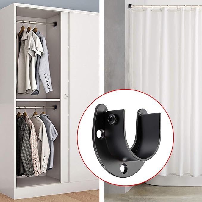 OwnMy 4 Packs Closet Rod End Supports Brackets 1-1/2" Diameter, Black | U Shaped Stainless Steel Closet Pole Sockets, Flange Rod Holder for Closet Wardrobe Shower Curtain Rod Holders