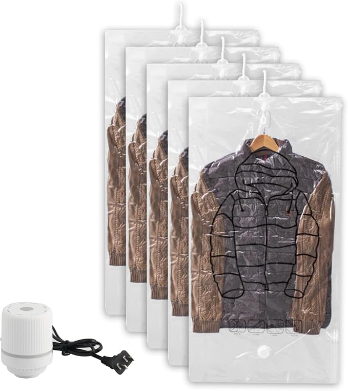 Large Garment Covers, Pack of 5, Vacuum Storage Bag with Electric Pump, Clear Compression Airtight Sealer Bags with Hanging Buckle, Hanging Clothes Storage(120cm/47in)