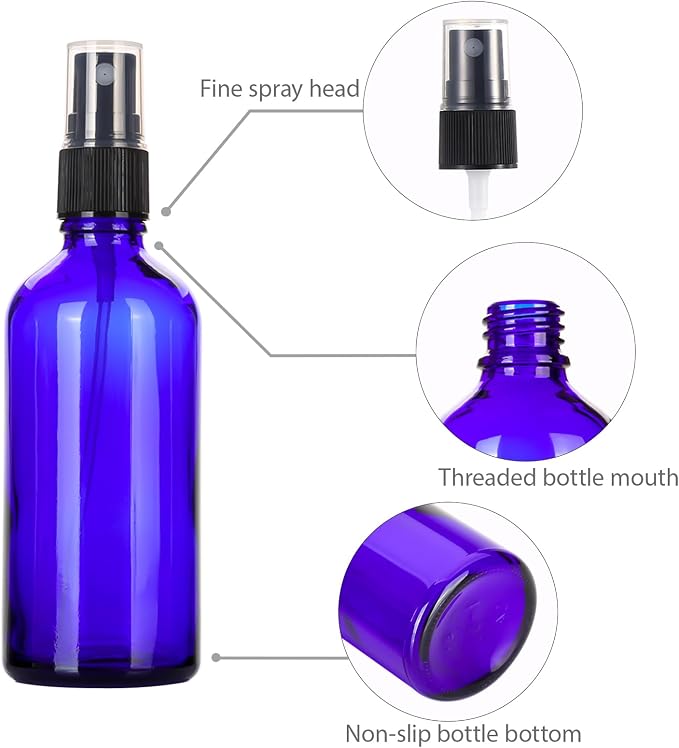3.4 oz Glass Blue Spray Bottles,Small Empty Fine Mist Refillable Travel Spray Bottle for Cleaning,Perfume,Aromatherapy,Cosmetic Sprays,Hair,Essential Oils with Fine Mist Dispenser（6 Pack）