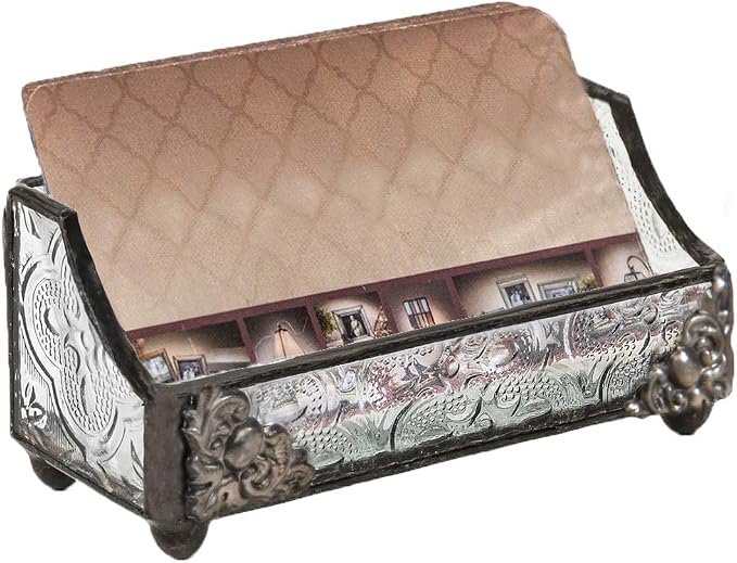 J Devlin Stained Glass Business Card Holder, Vintage Glass Desk Display | Handcrafted stained glass business card holder for desks, reception counters, executive offices, and home workspaces.