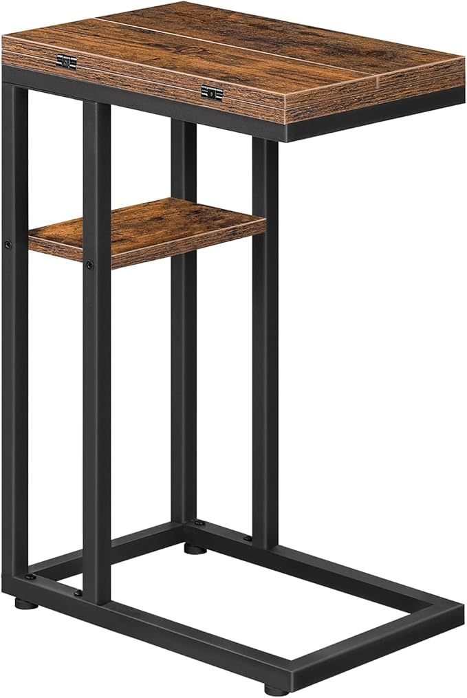 HOOBRO Foldable C Shaped End Table, C Shaped Side Table with Storage Shelf, Small Snack Table, Slide Under Couch Table for Sofa, Living Room Bedroom Small Spaces Easy Assembly, Rustic Brown BF29SF01