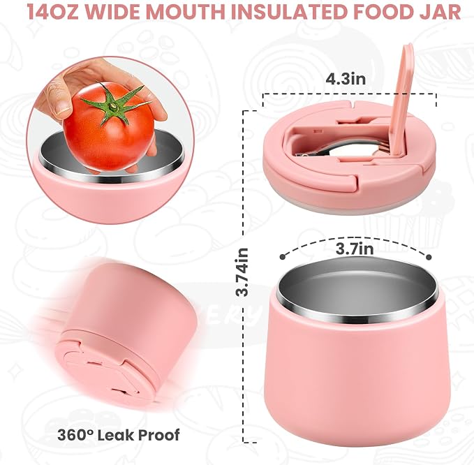 Itslife 14oz Vacuum Insulated Soup Thermo for Hot Food, Kids Lunch Container with Leakproof Buckle Lid, Wide Mouth Stainless Steel Food Jar with Spoon