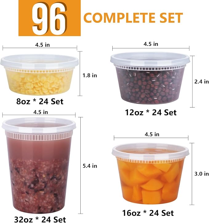 NESCCI 96 Pack (192-Piece) Deli Containers with Lids, 32/16/12/8 oz X 24 Set Each, Leak-Proof & BPA Free Airtight Takeout Plastic Food Storage Containers for Soup, Meal Prep, Microwave/Freezer Safe