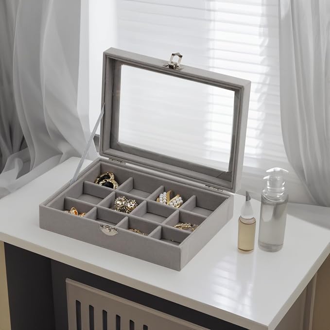 Fordonral Velvet Jewelry Organizer Box, Jewelry Drawer Organizers Trays, Earring Ring Necklace Holder Display Case (Gray, 12 Grid Box)