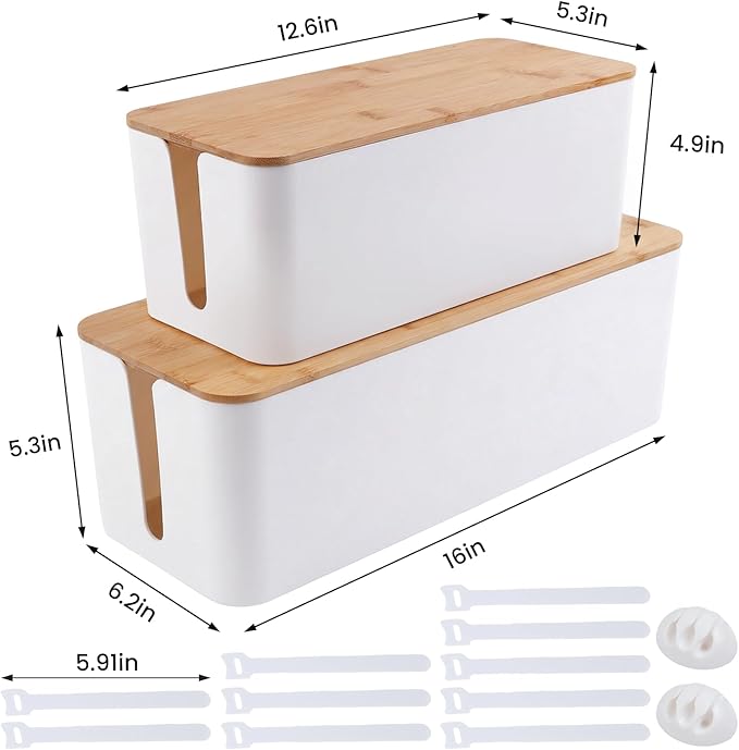 2 Pack Cable Management Box - Cord Organizer Box with Wooden Lid for TV Wires, Power Strips, Router, USB Hub & Under Desk Power: Baby & Pet Proof Cord Management, Cord Hider for Home & Office (White)