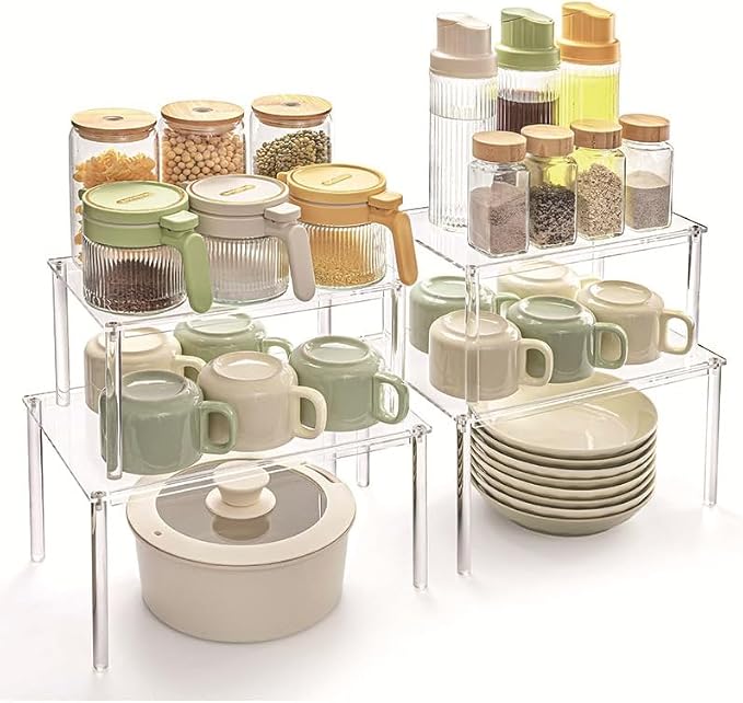 4 Pack Clear Acrylic Spice Rack, 5mm Thick Stackable Cabinet Shelf Riser, No Drill Wall Mounted Kitchen Organizer with Adjustable Feet, Multi-Purpose Storage for Pantry Countertop Bathroom Makeup