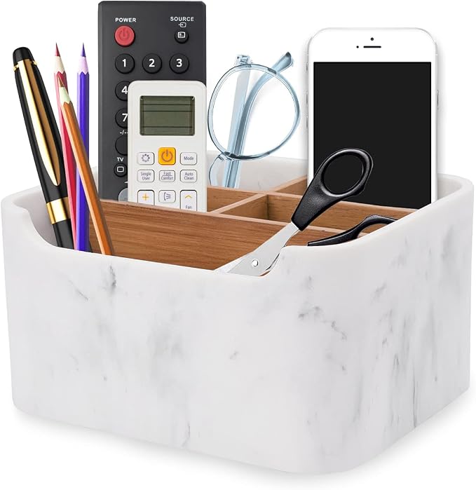 2 Pack Remote Control Holders, Desk Organizers with Dividers,White | Set of 2 resin and wood organizers with dividers for remotes, pens, glasses, and media devices on desk, table, or nightstand